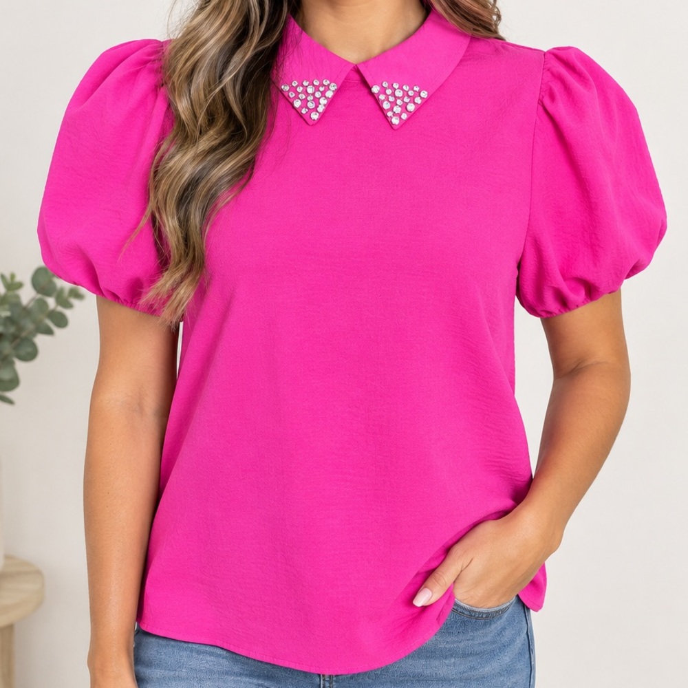 Jodifl Women's Pink Puff Sleeve Jewel Collar Top
